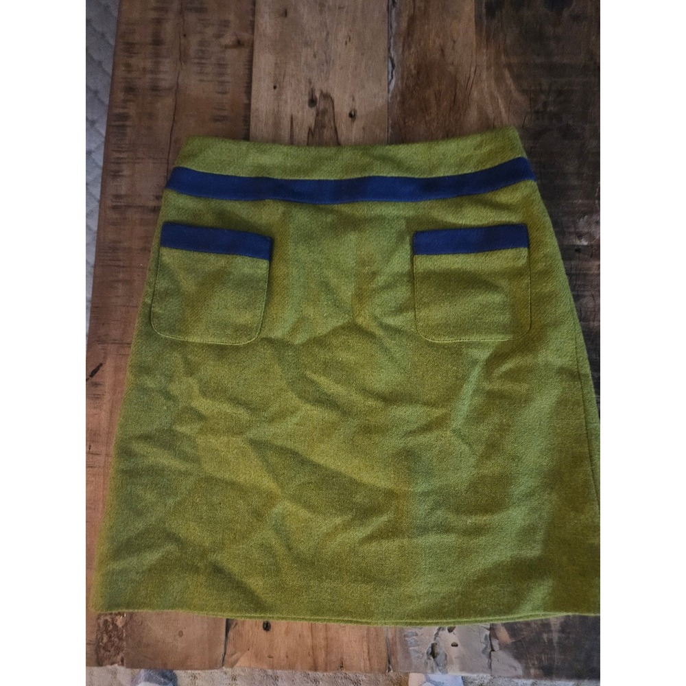 Boden Green Wool Blend Mini Skirt Navy Trim Patch Pockets Size 10R